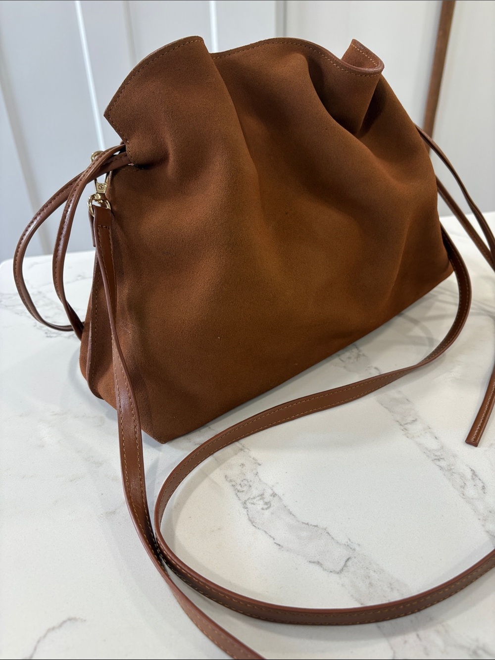 Ann Taylor Cognac Brown Suede Drawstring Shoulder Bag Purse - Picture 4 of 14